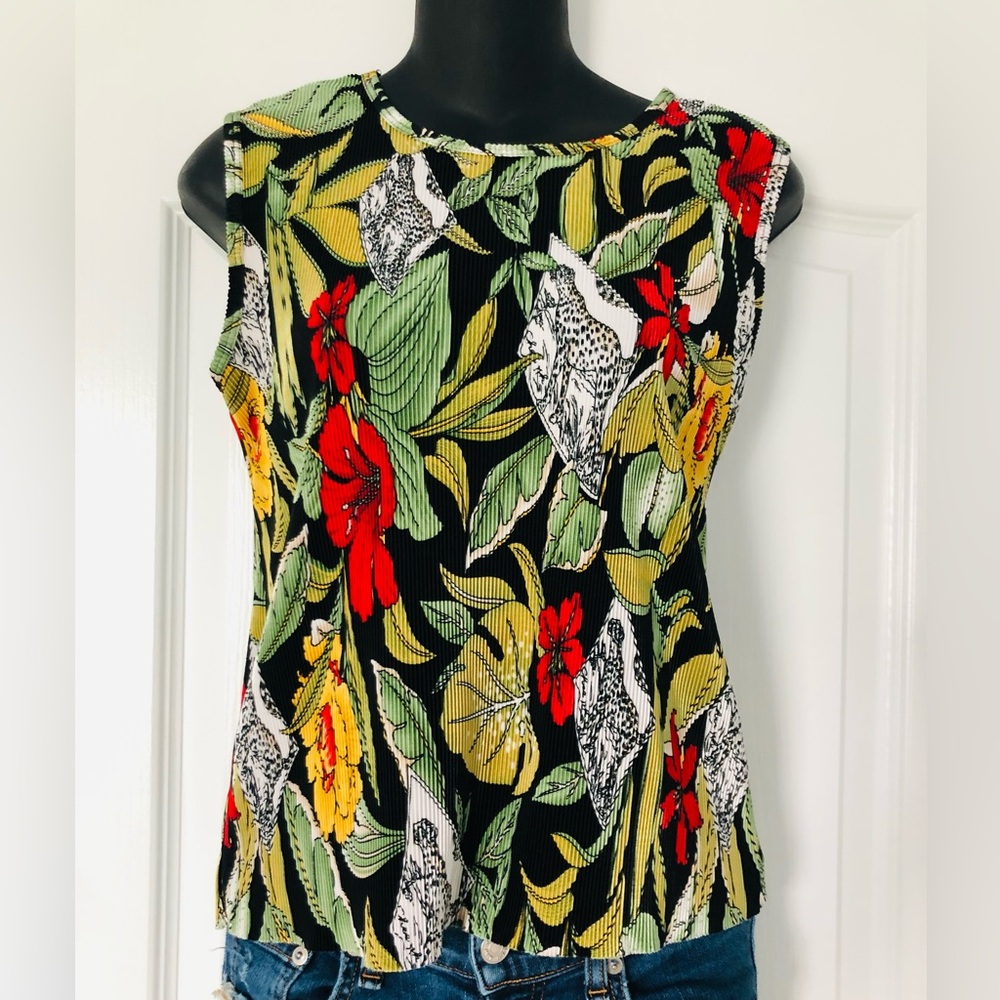 Vintage 90's Plisse Pleated Tropical Floral Tank Top Crinkle Small